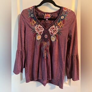 Johnny Was Embroidered V-Neck Bell Sleeve Top - Mauve